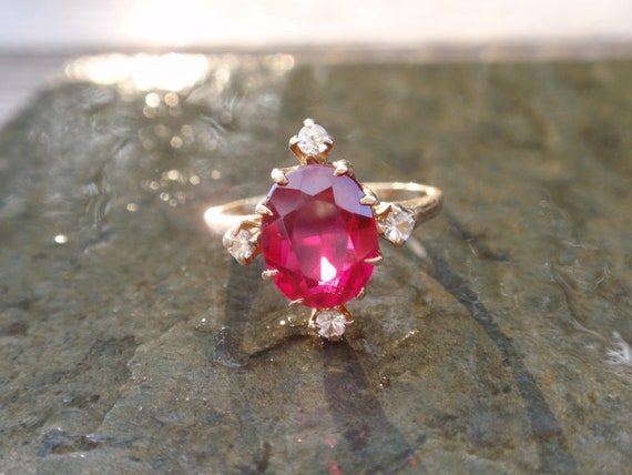 Vintage Ruby 10k Ring, July Engagement Oval Red S… - image 9