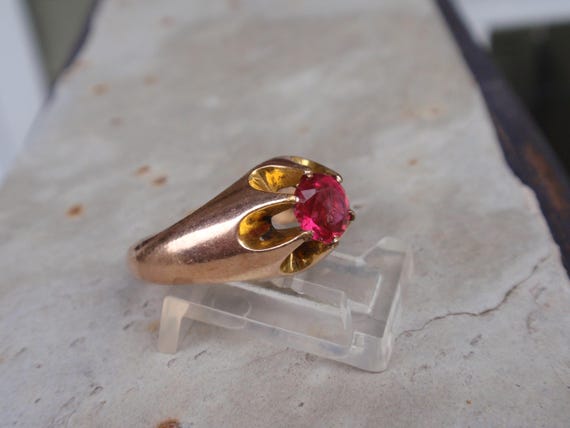 Victorian Ruby Red Stone Belcher Ring, Antique Gy… - image 1