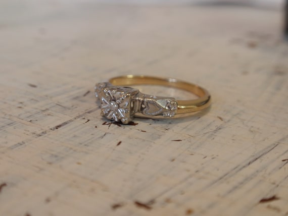 Art Deco Hearts Diamond Engagement Ring, 14k Two … - image 7