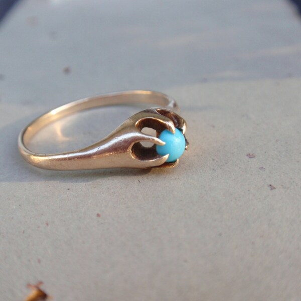 Victorian Turquoise Ring 10k belcher gypsy claw set blue round solitaire yellow gold 10% OFF coupon code in item detail