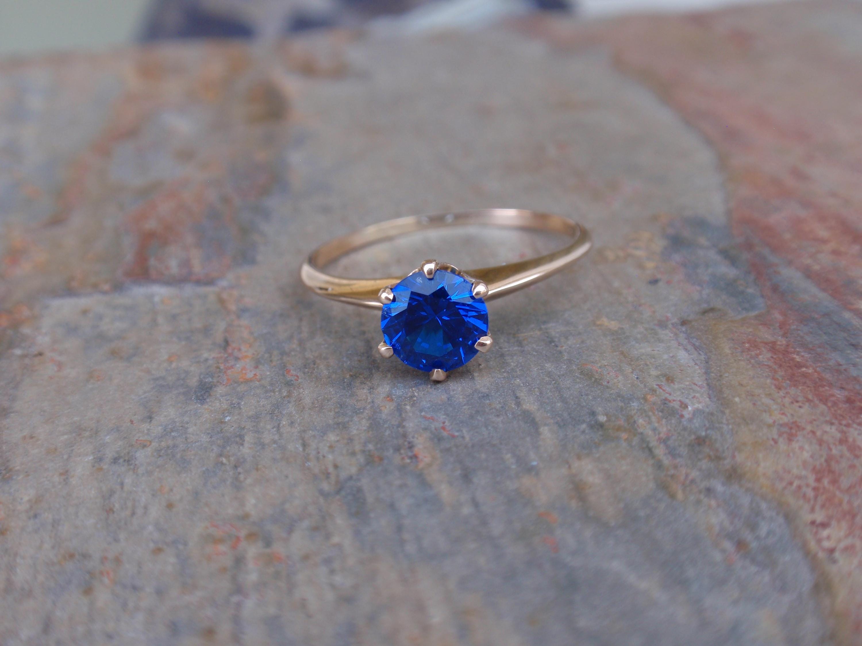 Vintage Blue Spinel 10k Ring, Art Deco Engagement Royal Indigo Prong Set Solitaire Yellow Gold