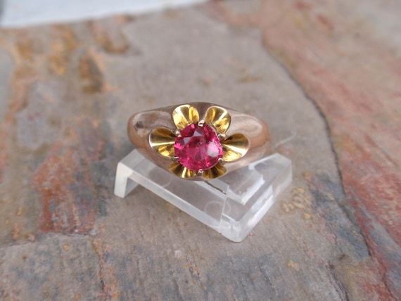 Victorian Ruby Red Stone Belcher Ring, Antique Gy… - image 4