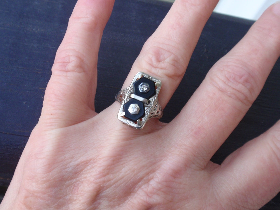 Black Onyx Diamond Filigree White Gold Signet Ring, Art Deco 14k Open Work Forget Me Not Flowers, Vintage Womens - Etsy Black Onyx Diamond Filigree White Gold Signet Ring, Art Deco 14k Open Work Forget Me Not Flowers, Vintage Womens - Etsy
