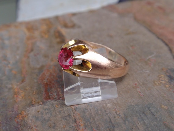 Victorian Ruby Red Stone Belcher Ring, Antique Gy… - image 3