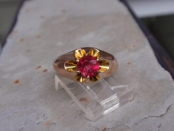 Victorian Ruby Red Stone Belcher Ring, Antique Gy… - image 6