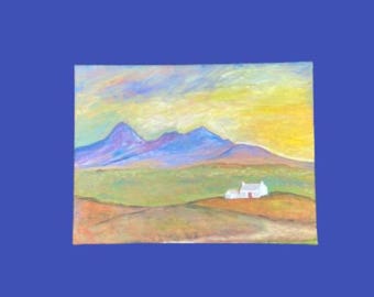 May include: A pastel painting of a landscape featuring a white cottage with a red roof nestled on a green hill. Purple mountains are in the background under a yellow and blue sky. The artwork is on a blue background.