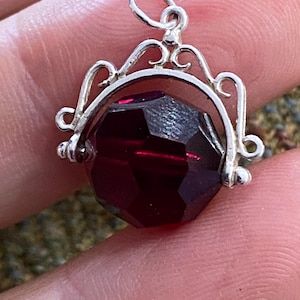 Vintage Sterling Silver Spinner Fob Pendant Victorian Revival Paste Glass ruby red Gemstone Mens Womens Jewelry Jewellery
