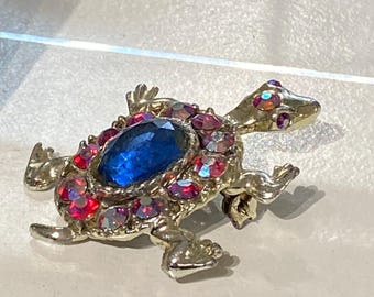 Broche Vintage Tortue - Métal Doré Et Strass - Bijou Ancien - Occasion