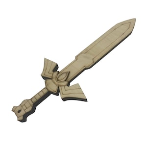 May include: A wooden sword with a detailed design, resembling a classic fantasy weapon. The sword is light brown and has a pointed tip.