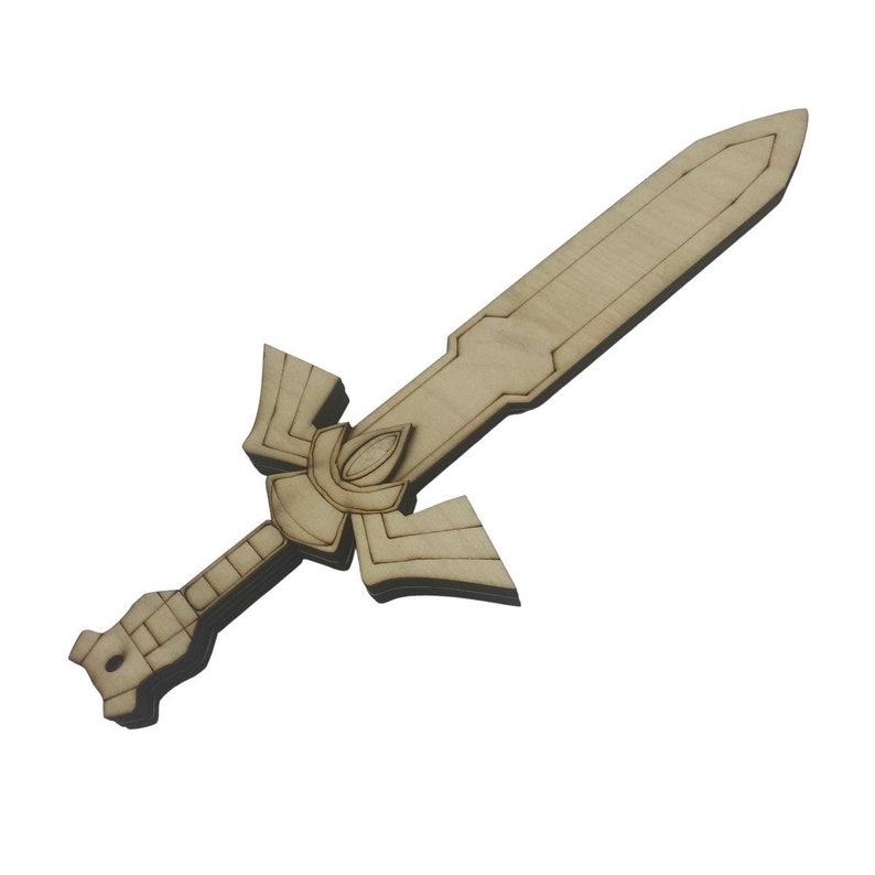 May include: A wooden sword with a detailed design, resembling a classic fantasy weapon. The sword is light brown and has a pointed tip.