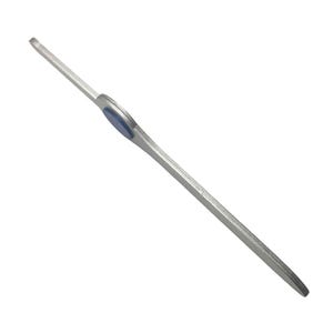 May include: A silver metal nail file with a blue rubber grip at the end.
