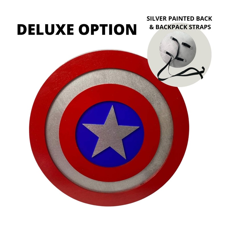 May include: Deluxe option Captain America shield with a red, white, and blue design. The back of the shield is painted silver and has straps for carrying.