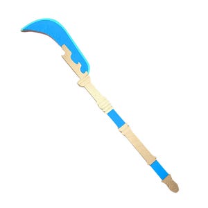 May include: A blue and tan fantasy weapon with a curved blade. The blade has a blue design and is connected to a tan handle with blue accents. The weapon is designed with a curved blade and a long handle.