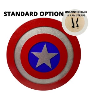 May include: A red, white, and blue Captain America shield with a silver star in the center. The shield is made of wood and has an unpainted back with arm straps.