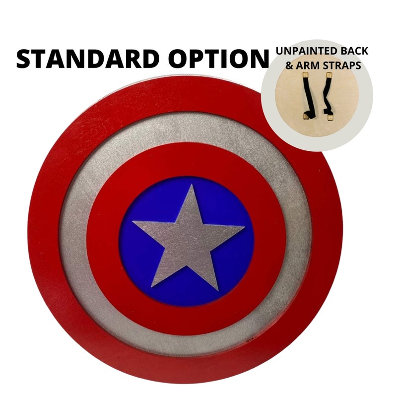 May include: A red, white, and blue Captain America shield with a silver star in the center. The shield is made of wood and has an unpainted back with arm straps.