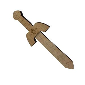 May include: A wooden toy sword with a diamond-shaped design on the handle. The sword is brown and has a pointed tip.