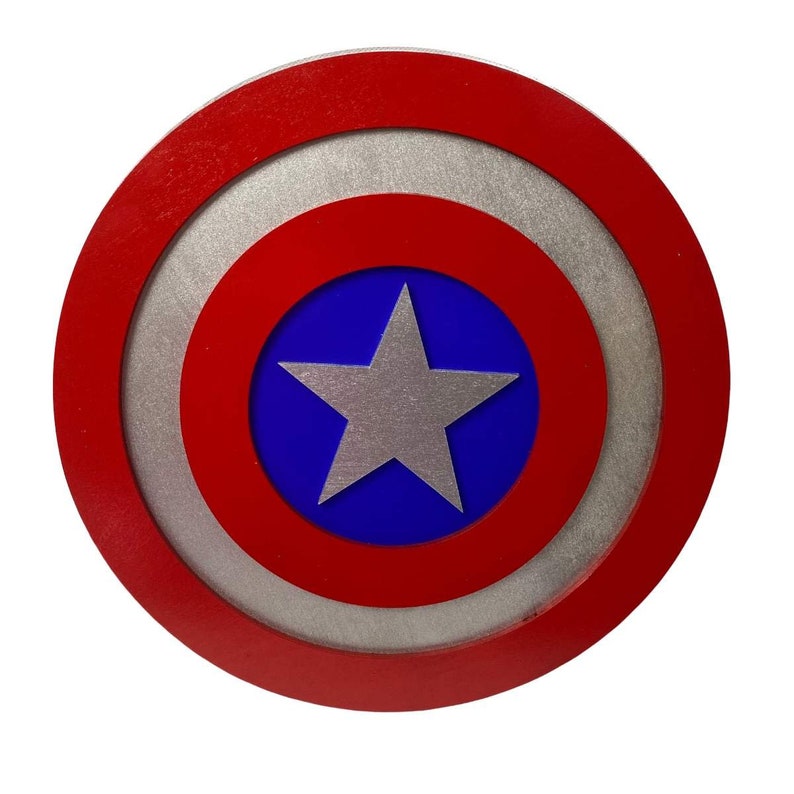 May include: A red, white, and blue Captain America shield with a silver star in the center.