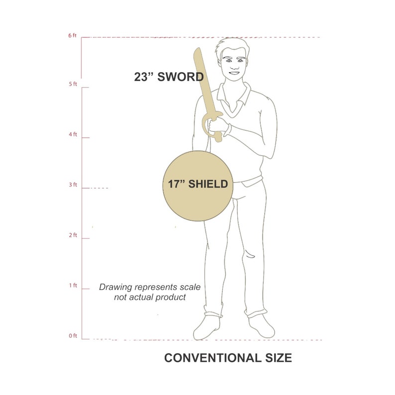Puede incluir: Un dibujo de una persona sosteniendo una espada de 58,4 cm y un escudo de 43,2 cm. El texto de la imagen dice "23" SWORD", "17" SHIELD", "Drawing represents scale not actual product" y "CONVENTIONAL SIZE".
