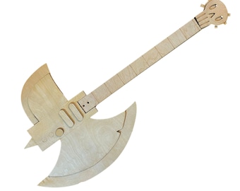 May include: A wooden axe-shaped guitar with a skull-shaped headstock. The guitar has a light brown finish and a simple design.