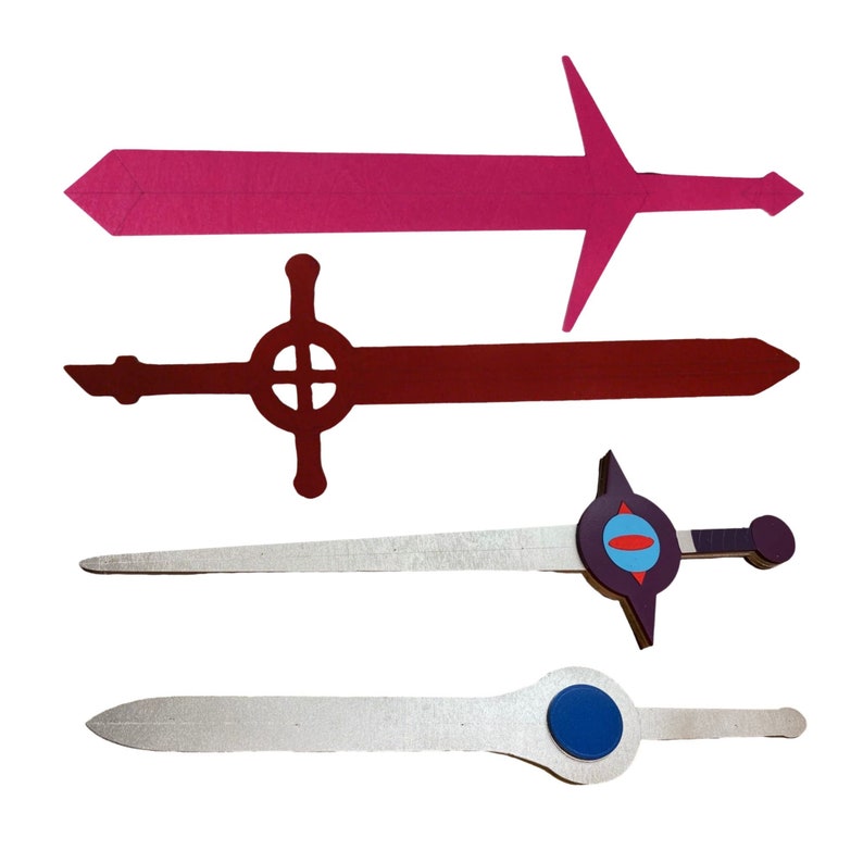 May include: Four different cardboard swords. The swords are all different colours and designs. The first sword is pink with a simple design. The second sword is red with a cross-shaped handle. The third sword is silver with a blue circle on the handle. The fourth sword is silver with a purple and blue circle on the handle.