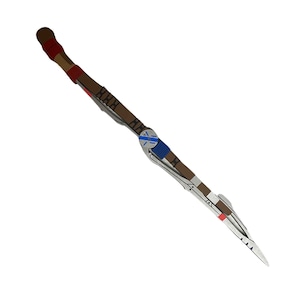 May include: A silver and brown staff with a blue and silver detail. The staff has a wooden handle and a sharp point.