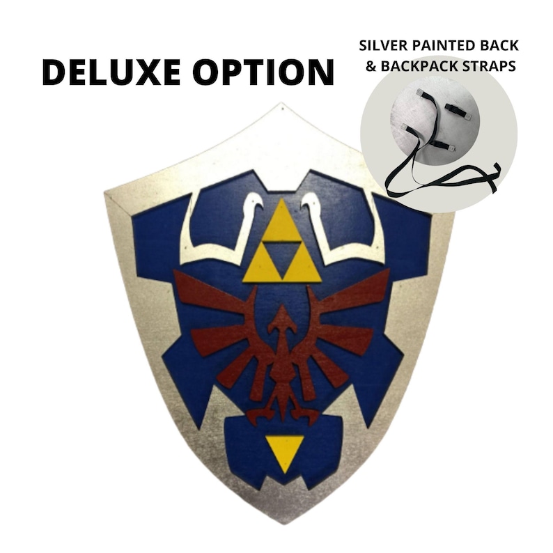 May include: Deluxe option for a Hylian Shield replica. The shield is made of wood and painted with a blue, red, and yellow design. The back of the shield is painted silver and has straps for wearing it as a backpack.