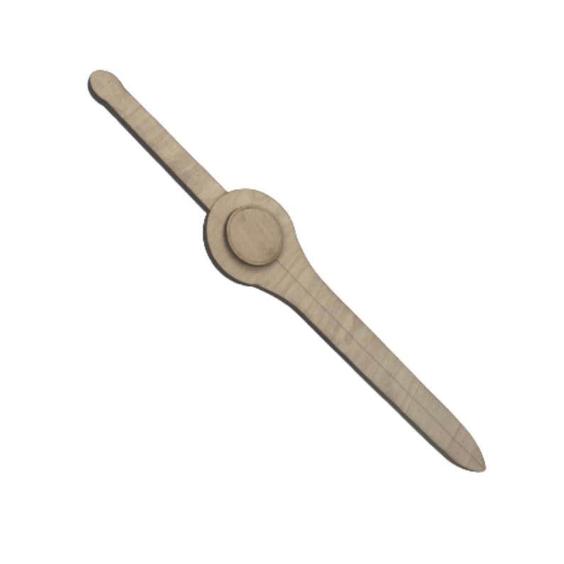 May include: A wooden sword with a round knob in the middle. The sword is light brown in colour and has a pointed tip.