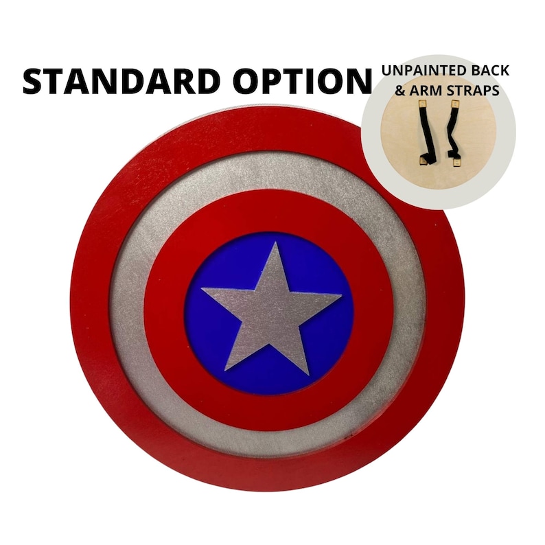 May include: A red, white, and blue Captain America shield with a silver star in the center. The back of the shield is unpainted and has two black arm straps.