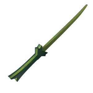 Puede incluir: Una espada de madera verde y amarilla con una hoja curva y un dise&ntilde;o de mango &uacute;nico.