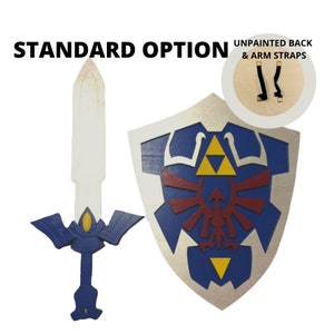 May include: A blue and silver shield with a red and yellow Triforce symbol and a blue and silver sword with a gold handle. The shield has unpainted straps on the back.