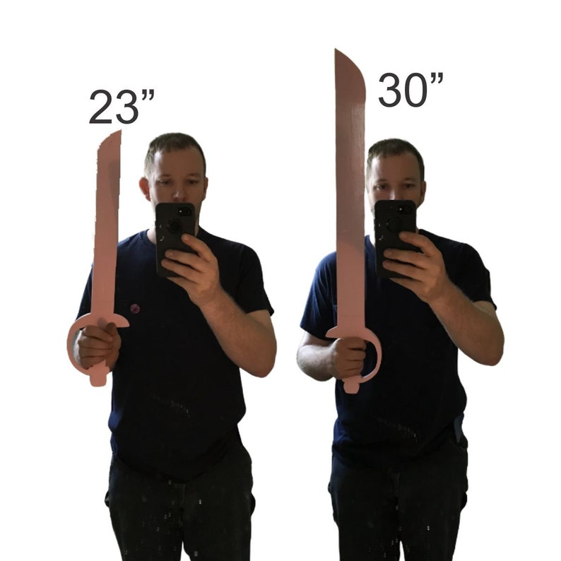 May include: Two pink toy swords, one 23 inches long and the other 30 inches long, are displayed. The swords have a curved blade design and a circular handle. The image is taken against a white background.
