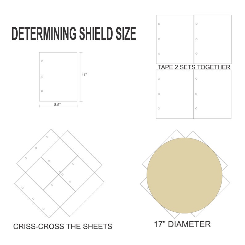 May include: Diagram showing how to create a 17-inch diameter shield by taping together two 8.5 by 11-inch sheets of paper and then criss-crossing them.