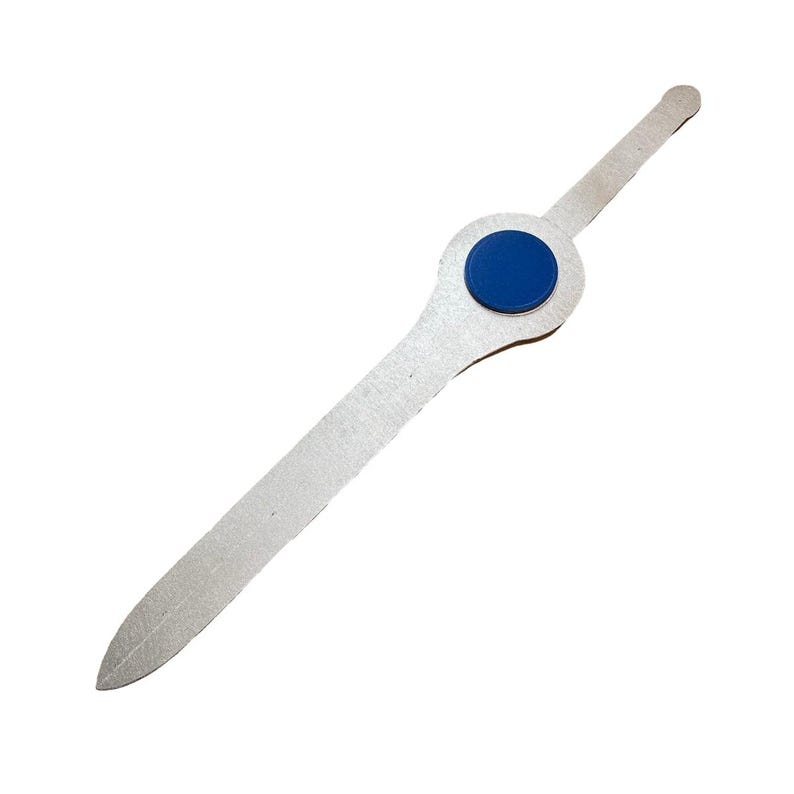 May include: A silver-coloured sword with a blue circle on the handle.