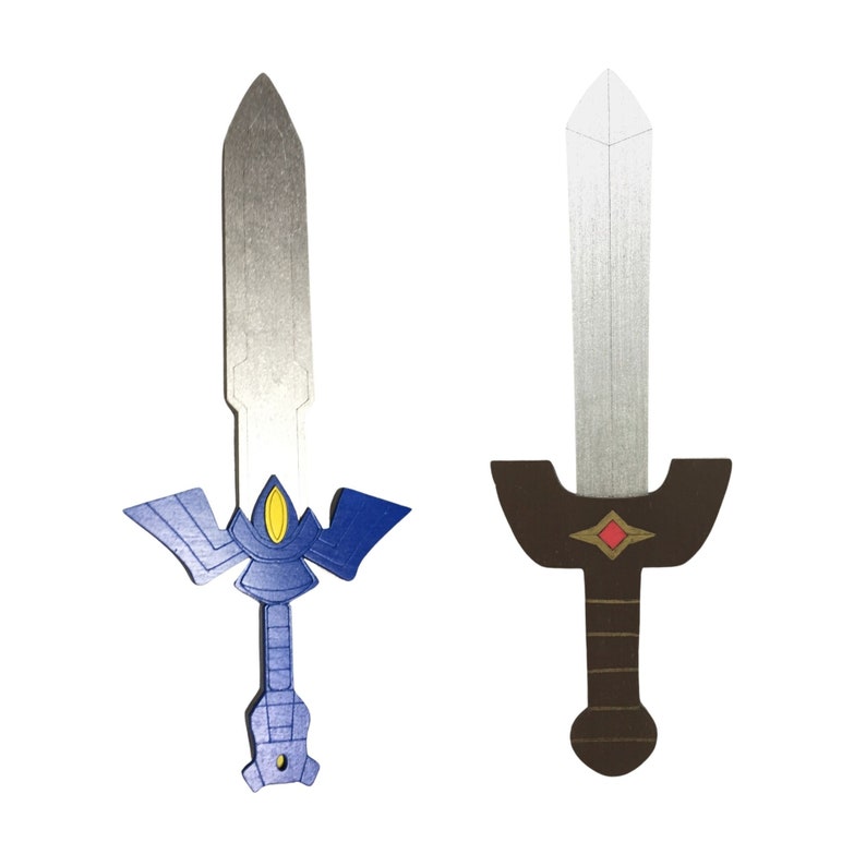 May include: Two toy swords, one blue and silver with a yellow detail, and the other brown and silver with a red detail.