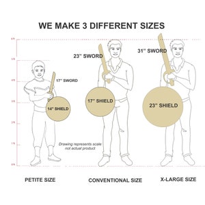 May include: Illustration showing three sizes of toy swords and shields: petite, conventional, and X-large. The image includes measurements for each size: 17-inch sword, 14-inch shield; 23-inch sword, 17-inch shield; and 31-inch sword, 23-inch shield. Text reads "WE MAKE 3 DIFFERENT SIZES."