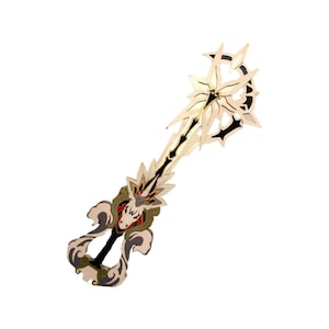Könnte beinhalten: Ein weißes und schwarzes Keyblade mit einem goldenen und roten Design. Das Keyblade hat einen großen, verzierten Griff und eine lange, scharfe Klinge.