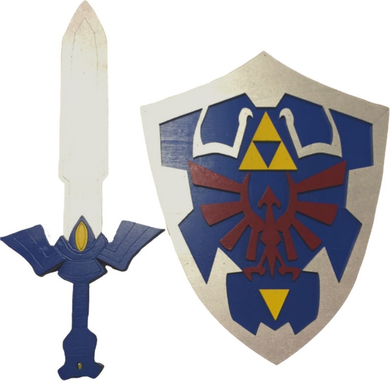 May include: A blue and silver wooden sword and shield set. The shield features a red and yellow Triforce symbol with a red bird inside. The sword has a blue handle and a white blade.