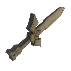 May include: A wooden sword with a detailed design, resembling a fantasy weapon. The sword is made of light brown wood and has a sharp point.