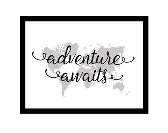 Adventure Awaits Sign, World Map, Adventure Sign, Nursery Sign, Wedding Sign, Bridal Shower Sign, Baby Shower Sign, Around the World