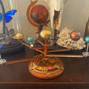 Orrery Inspired Solar System Model with Wooden Base and Decorative Accents image 2