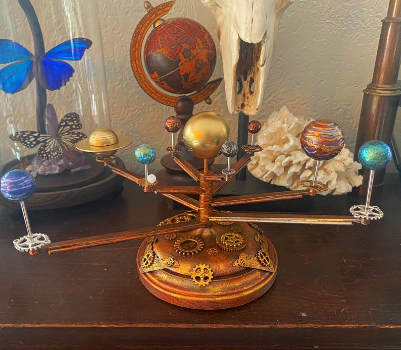 Orrery Inspired Solar System Model with Wooden Base and Decorative Accents image 2