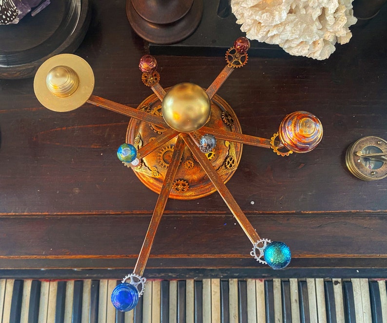 Orrery Inspired Solar System Model with Wooden Base and Decorative Accents image 3