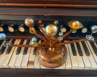 Orrery Inspired Solar System Model with Wooden Base and Decorative Accents