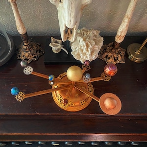 Orrery Inspired Solar System Model with Wooden Base and Decorative Accents