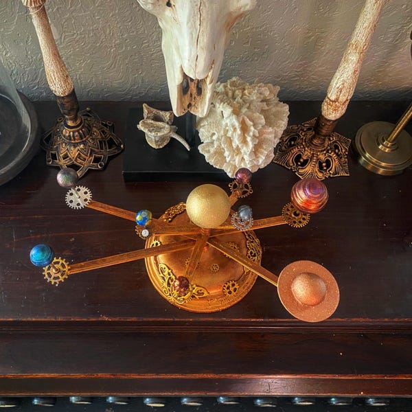 Orrery Inspired Solar System Model with Wooden Base and Decorative Accents