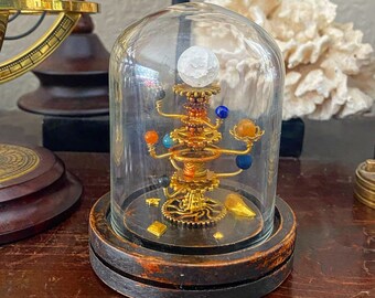 Miniature Metal Orrery Solar System Model in glass cloche with wood base