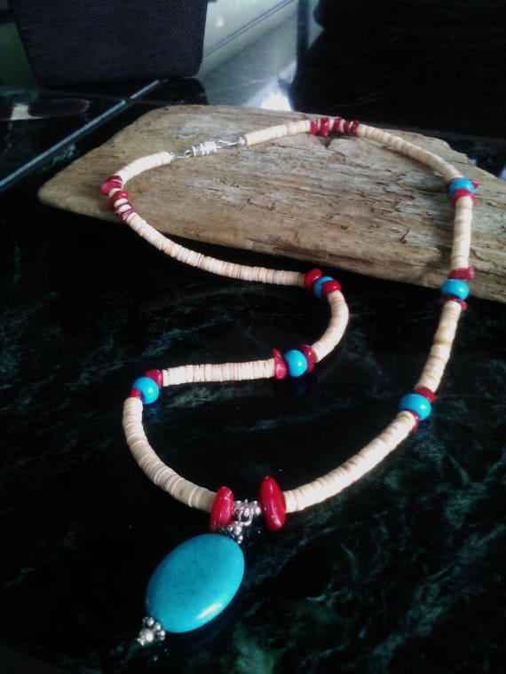Heishe coral turquoise and shell Southwestern Necklace 4 Picture Sterling Locket