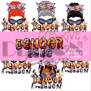 Könnte beinhalten: Sechs digitale Illustrationen einer Frau mit einem unordentlichen Dutt, Sonnenbrille und einem Stirnband mit Schleife. Der Text "Dancer Babe" ist in jedem Bild zu sehen. Die Haarfarbe der Frau variiert in jedem Bild: rot, grau, schwarz, braun und blond. Der Hintergrund ist rosa.