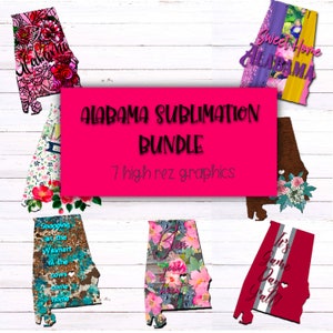 May include: A set of seven digital sublimation graphics featuring the state of Alabama in various designs. The designs include floral patterns, rustic wood, and a game day theme. The text "Sweet Home Alabama" and "It's Game Day Y'all" are included in the designs. The graphics are high resolution and perfect for creating custom t-shirts, mugs, tote bags, and other personalized items.