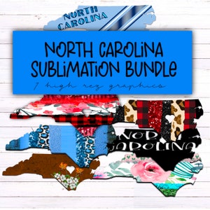 May include: A digital download bundle of 7 high resolution North Carolina state outline graphics. Each outline is filled with a different pattern, including floral, plaid, leopard print, and glitter.